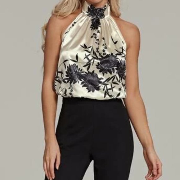 Cream Halter top with Black Floral Print in S-XL - Picture 3 of 4